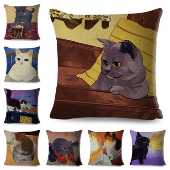 

Oil Painting Cute Cat Cushion Cover for Sofa Children Room Decor Colorful Cartoon Pet Animal Pillowcase Pillow Case 45x45cm
