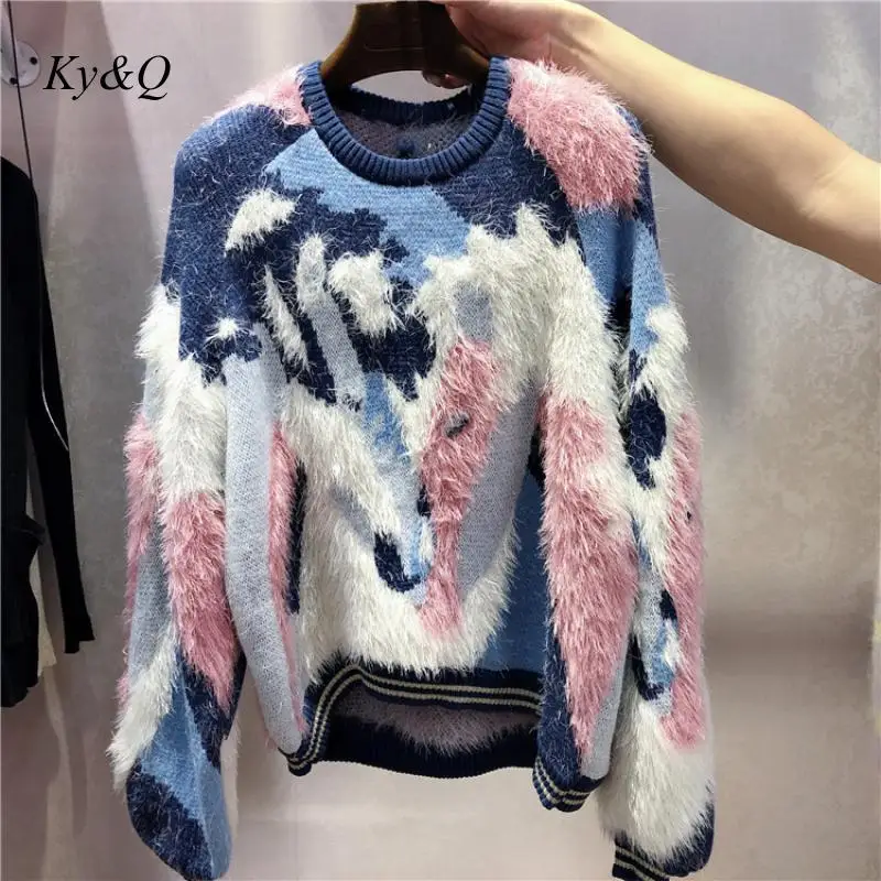 Женский Зимний пуловер из мохера теплый трикотажный свитер шерсти подходящего