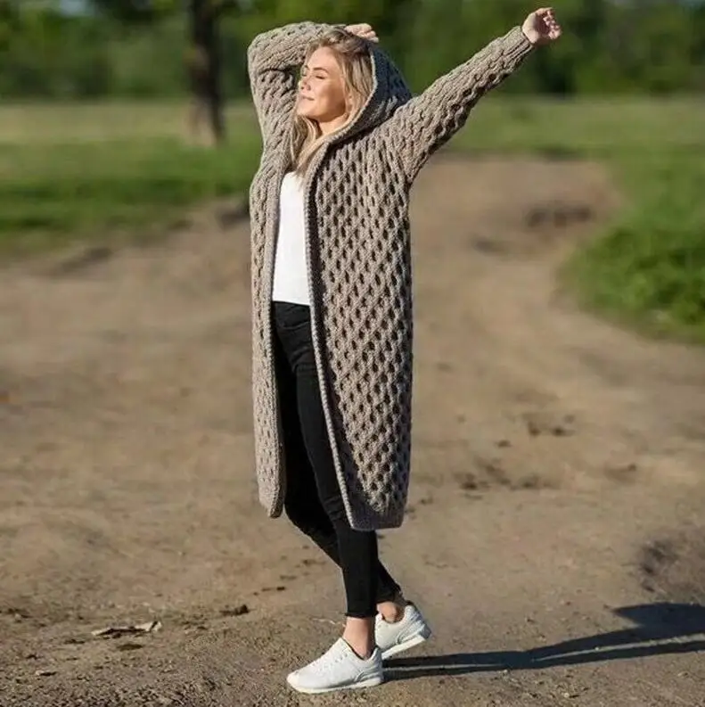 Женский вязаный кардиган, зима, повседневный теплый однотонный длинный женский свитер с открытой строчкой, свободный свитер с капюшоном, вязаная верхняя одежда - Цвет: grey