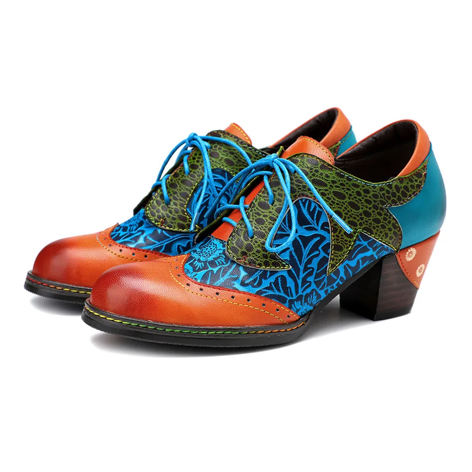Vintage Handmade Print Stitching Women Pumps Oxfords Shoes Ethnic Style Genuine Leather Chunky High Heels Women‘s’ Shoes Brogues (3)
