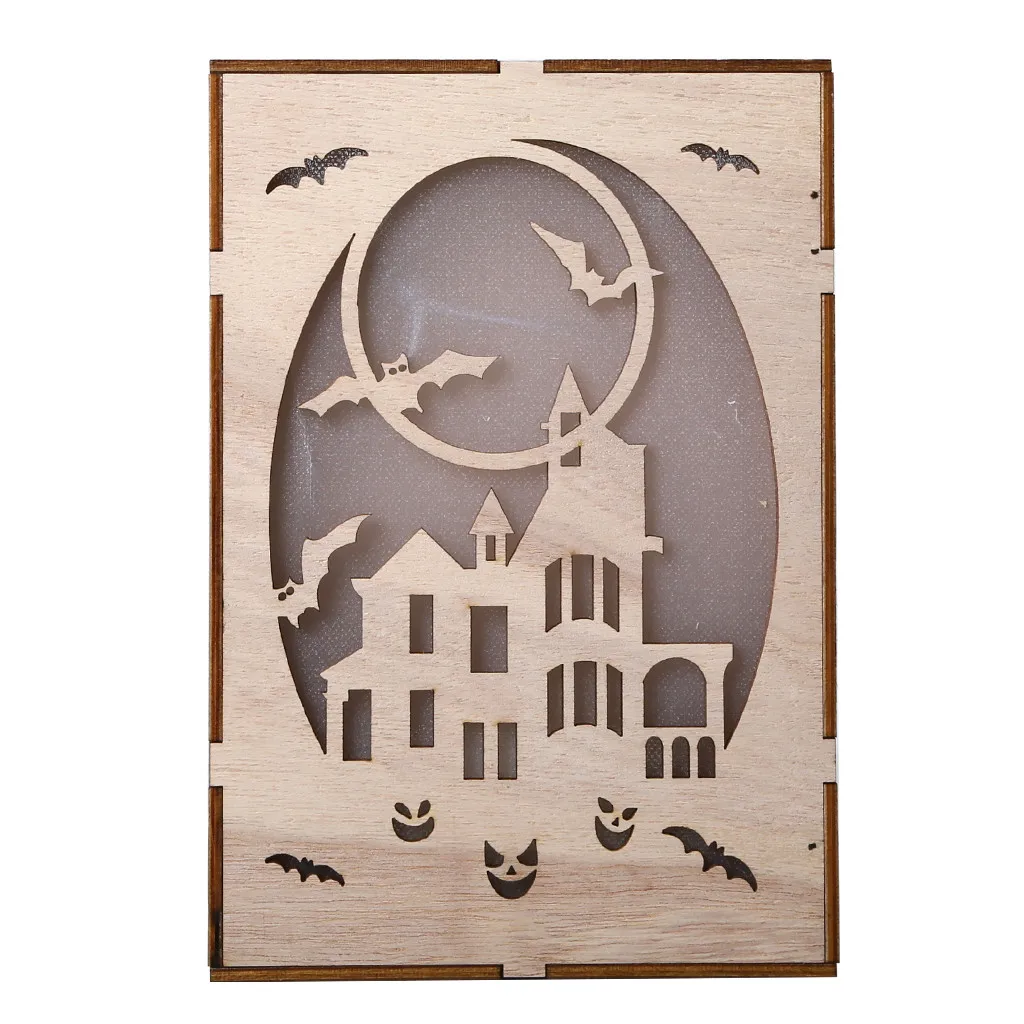 Halloween Hanging Decoration Crafts Wooden Pumpkin Haunted House Pendant LED Night Light Halloween Home Decor Clever Party Decor