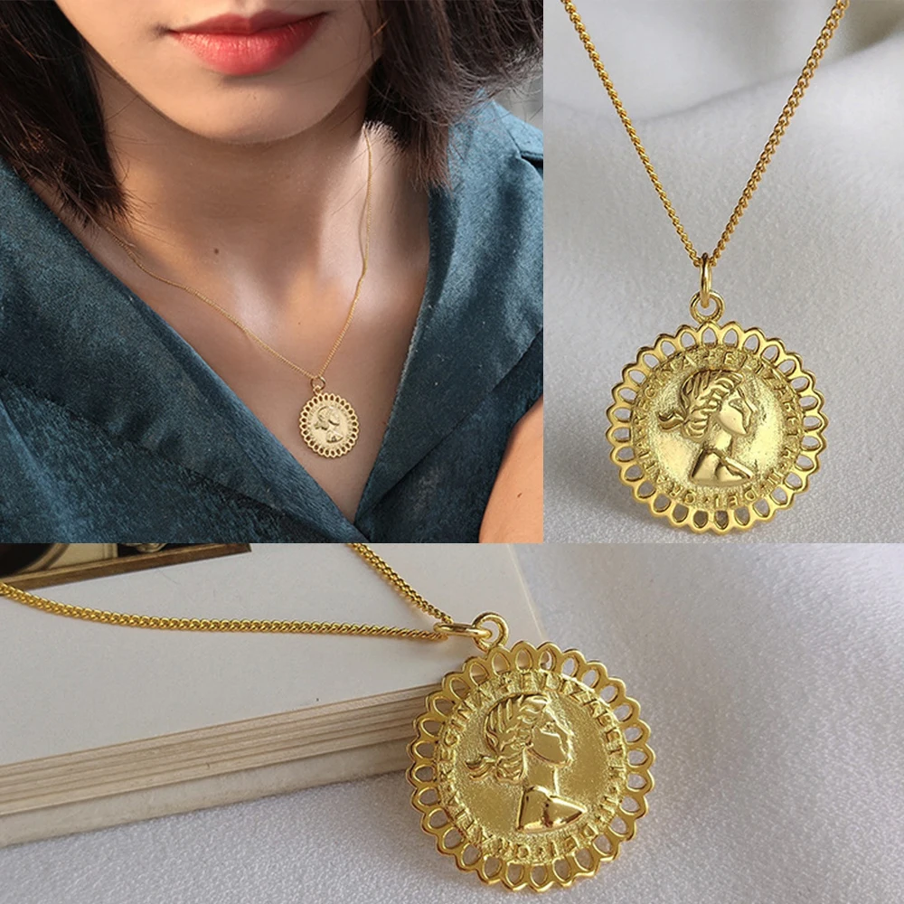 Portrait Gold Medallion Round Coin Pendant Choker Necklace Large Disc Necklace S925 Silver Personalized Necklace Boho Jewelry - Окраска металла: F795