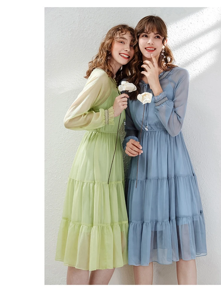 

Summer new style women's solid color V-neck flared sleeves ruffle dress temperament chiffon dress