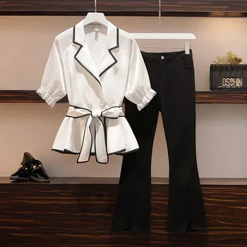

Plus size women's 200 kg fat sister summer suit female fashionable suit collar top loose wide leg pants two-piece suit