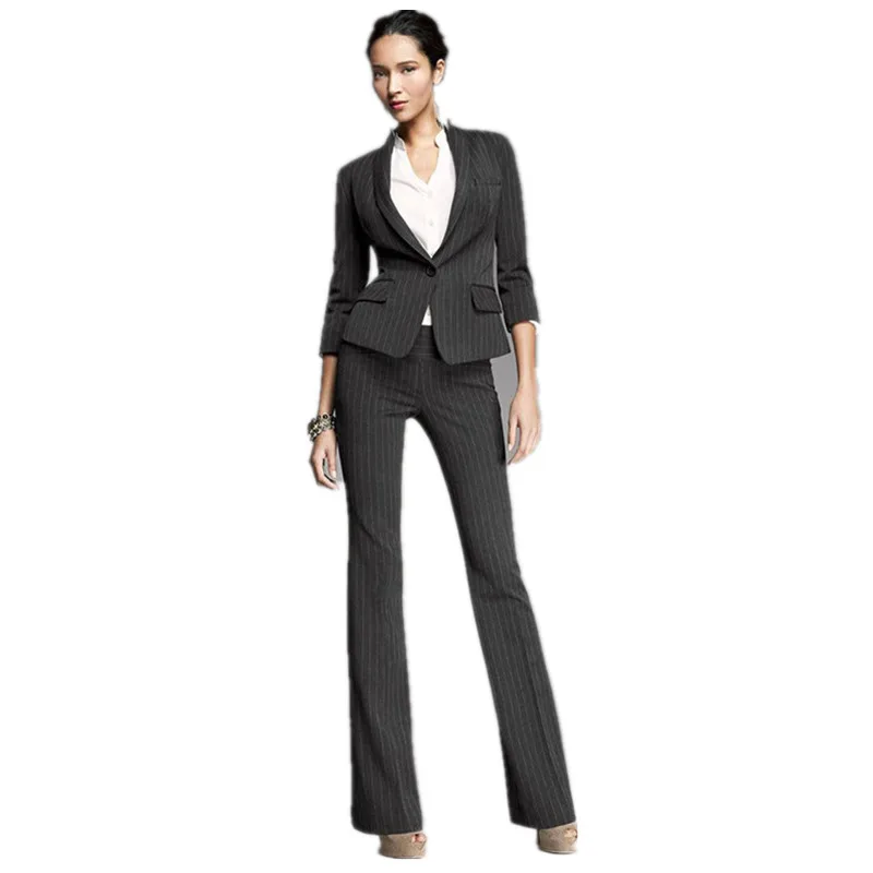 New Women Pant Suits Black White Stripes Office Uniform Two Piece Ladies Business Suits Female