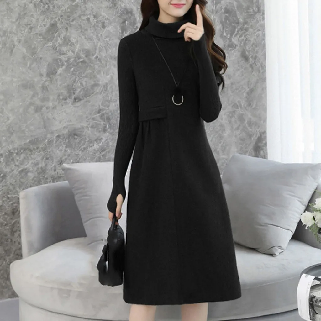 Sukienki vestidos, платье размера плюс, женское, элегантное, до колена, с карманами, с длинным рукавом, шерстяное платье, ropa mujer robe femme