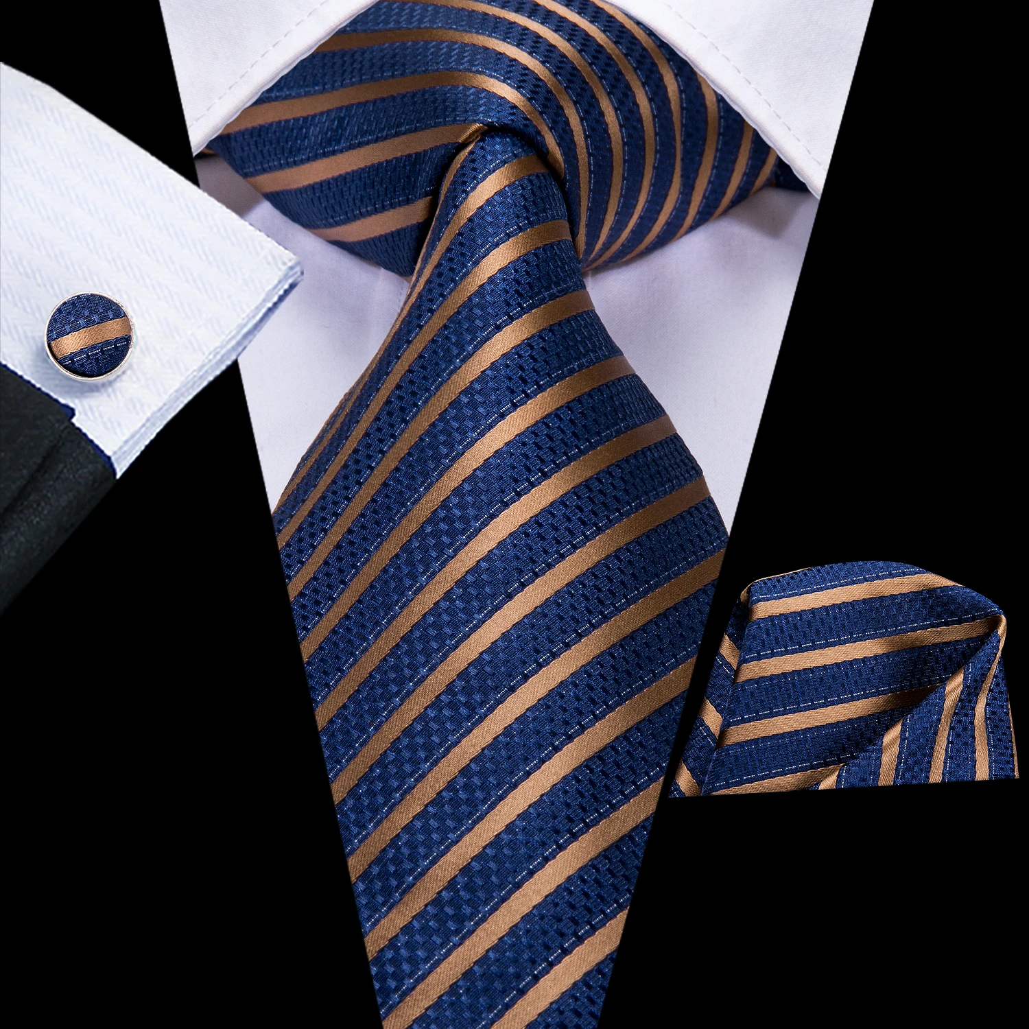 Hi-Tie Designer Mens Necktie Navy Blue Striped Dot Silk Wedding Tie For Men Hanky Cufflinks Tie Set Business Party