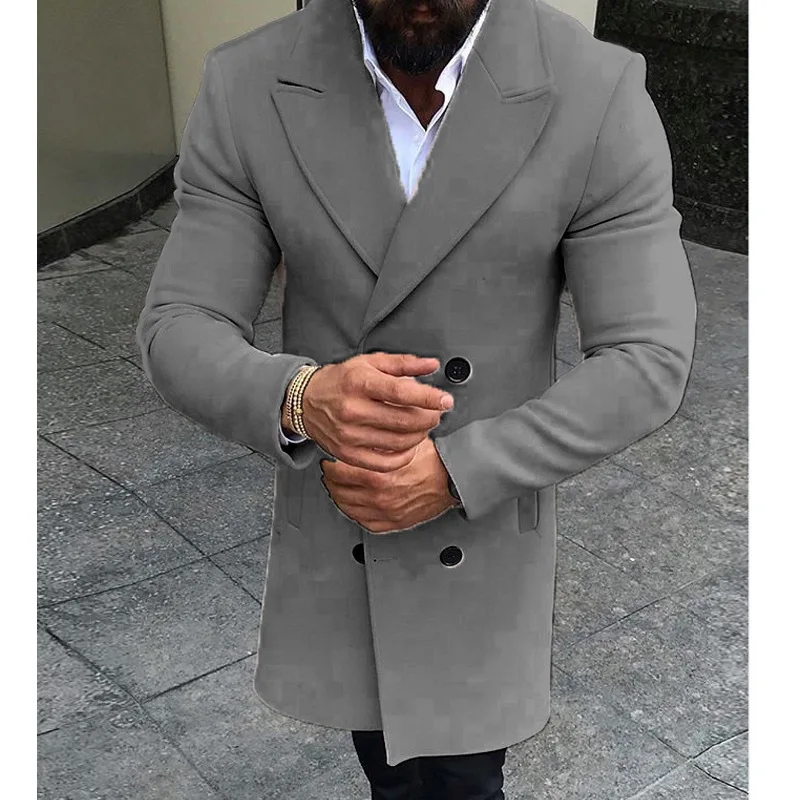 Oeak, классический мужской Тренч, модное деловое мужское длинное пальто, Осеннее однотонное двубортное приталенное пальто, мужская одежда - Цвет: Gray