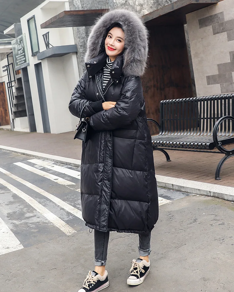Thick over-the-Knee Long Solid Color Really Raccoon ling liang Surface down Jacket Women's Loose-Fit Slimming White Duck do