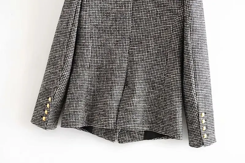 England women blazer elegant office lady Houndstooth Za blazer women outwear long sleeve double breasted female jacket blazer