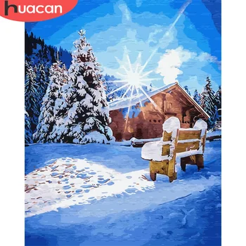

HUACAN Picture By Number Winter House Kits Home Decor Painting By Numbers Snow Drawing On Canvas HandPainted Art DIY Gift