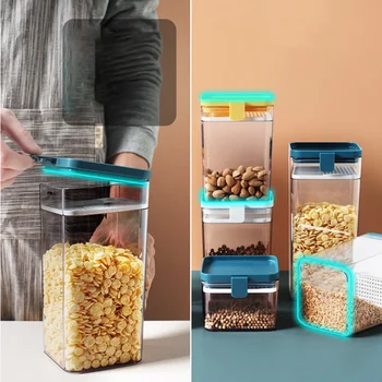 

Food Storage Box Plastic Clear Container Set With Pour Lids Kitchen Storage Bottles Jars Dried Grains Tank Household Storage