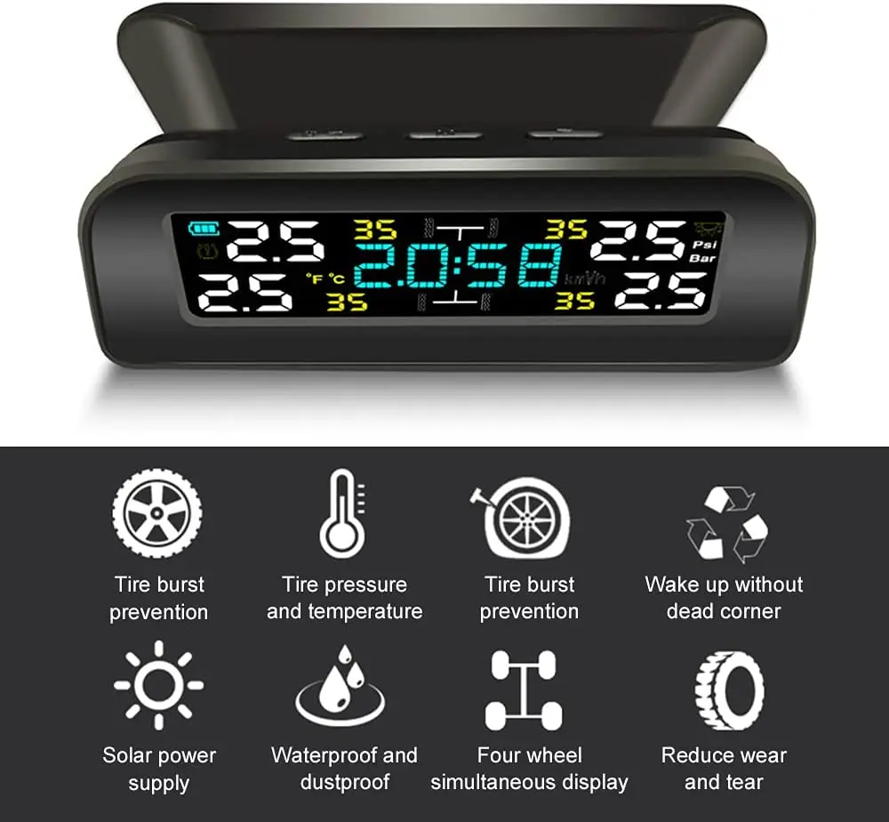 Universal TPMS Wireless Tire Pressure Monitoring System Solar Power Clock LCD Display 4 External Sensor Tire Pressure Sensors Car Tire Pressure Monitor Motorcycle Tire Pressure Monitor Car Tire Pressure Sensor