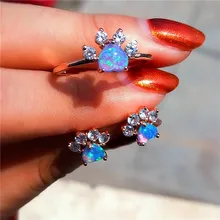 Blue Opal Heart Stone Rings Earrings For Women Dainty Cat Paw Jewelry Sets Vintage Fashion Rose Gold Animal Footprint Bridal Set