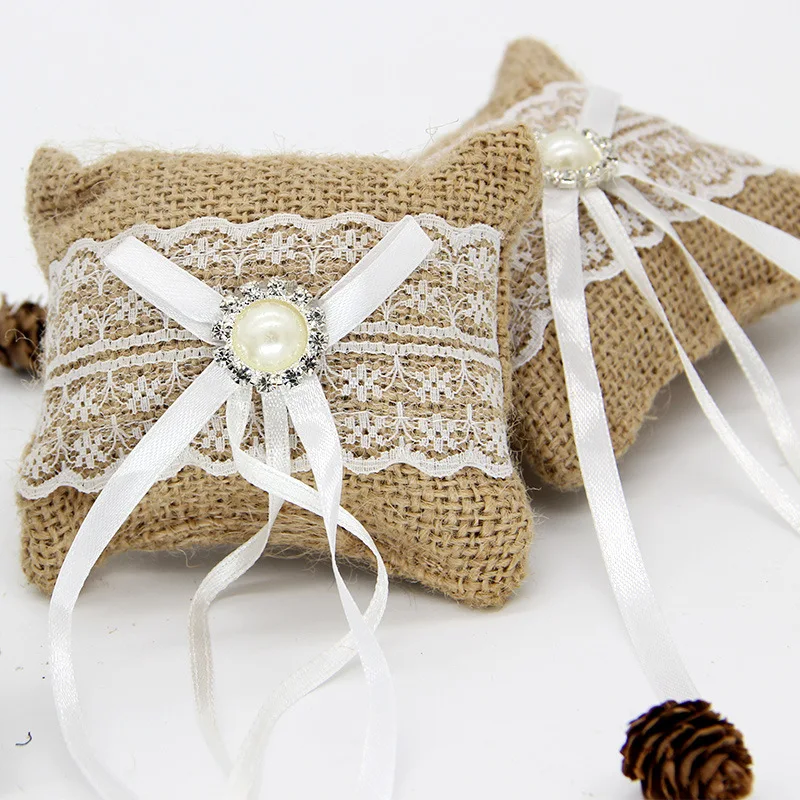 

Natural Jute Hemp Burlap Handmade Ribbon Ring Pillow Cushion for Wedding Decor Engagement Marriage Proposal Decor