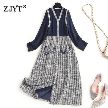 

Europe Fashion Woman Clothes 2020 New Designers Long Sleeve Plaid Tweed Patchwork Casual Knee Length Dress Autumn Vestidos