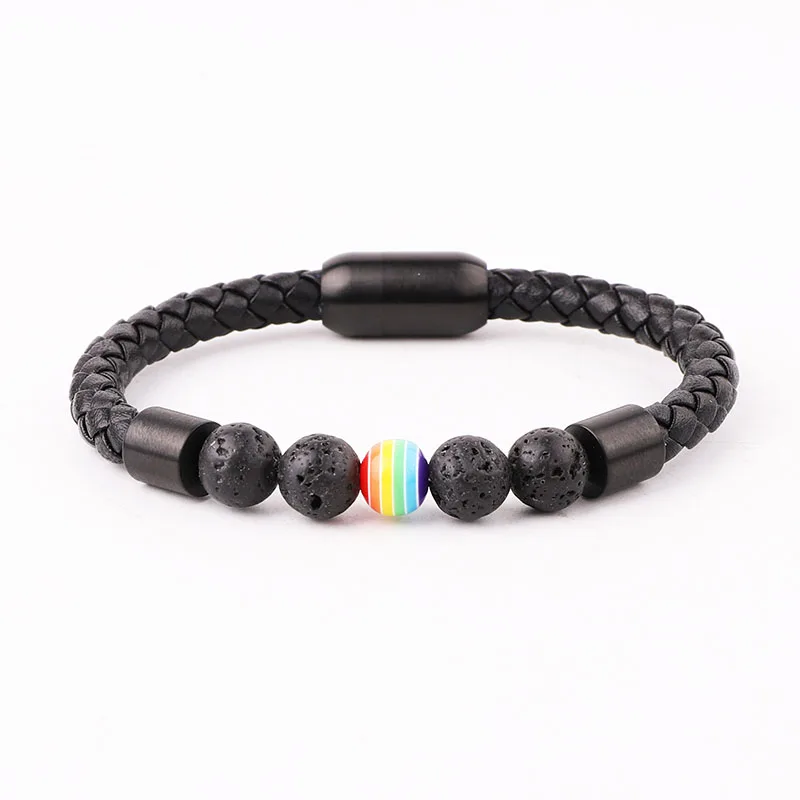 High Quality 316L Stainless Steel Clasp Lava Stone Charm Rainbow Ball Genuine Leather Bracelet Men Jewelry - Image 4