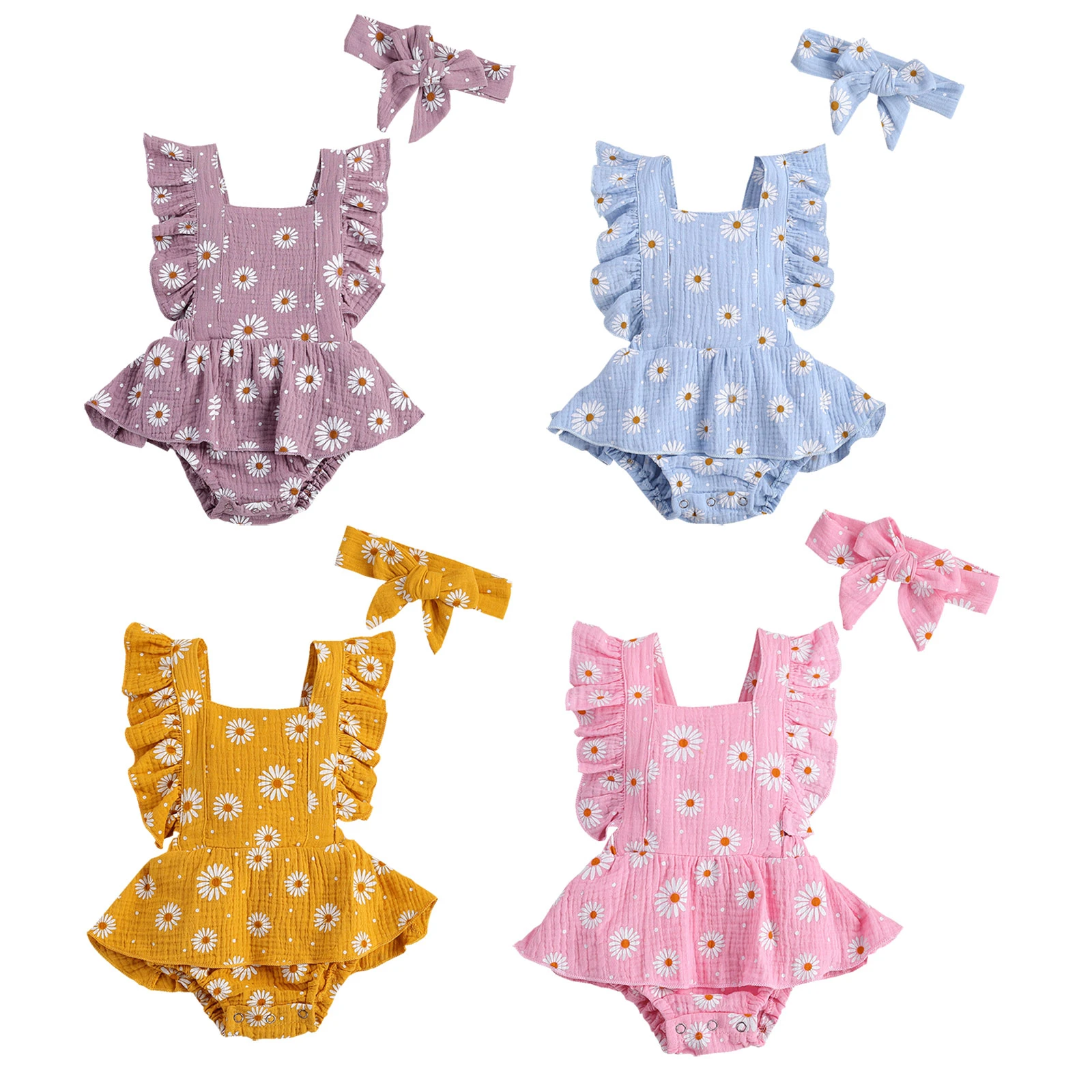 0-24M  Newborn Baby Girls Ruffle daisy r Romper Backcross Jumpsuit +Headband Outfits Sunsuit Baby Clothing Baby Bodysuits are cool