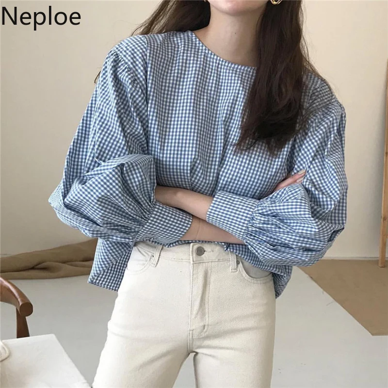Neploe корейский стиль Instagram пуловер с круглым вырезом клетчатая блузка длинным