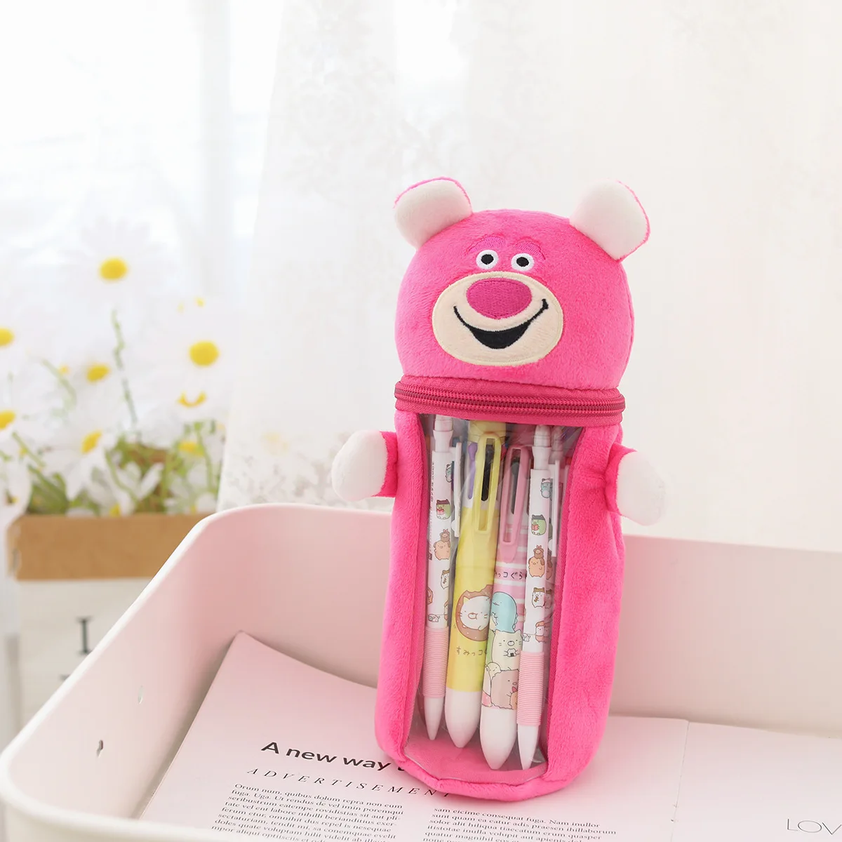 Disney Mickey mouse Plush Pencil Case Pen Holder Popular Girl Boy Stitch  Transparent Storage Bag Gift