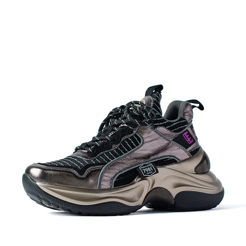 Кроссовки из натуральной кожи на платформе; zapatillas mujer; повседневные кроссовки на массивном каблуке; женская Вулканизированная обувь; Basket Femme - Цвет: Gun color