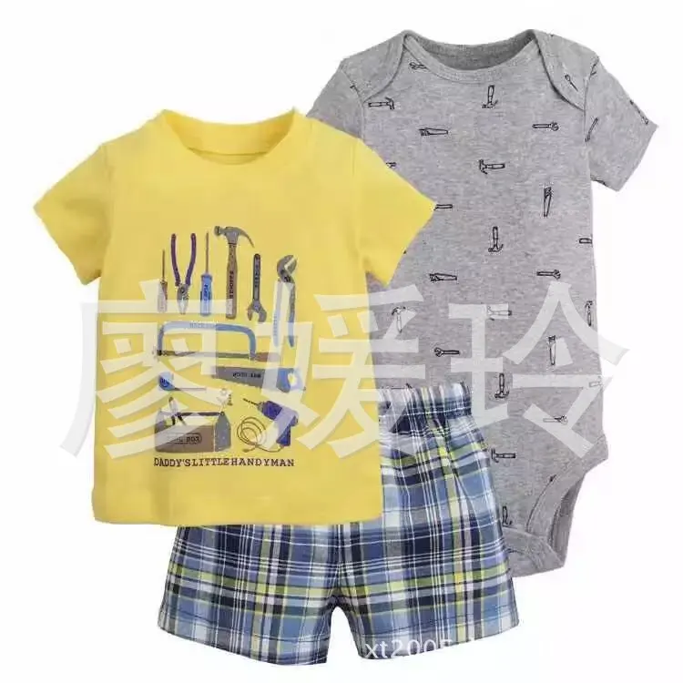 Summer New Style CHILDREN'S Short-sleeved Clothes Set Europe And America Baby Pure Cotton Romper Children Three-piece Set a Gene