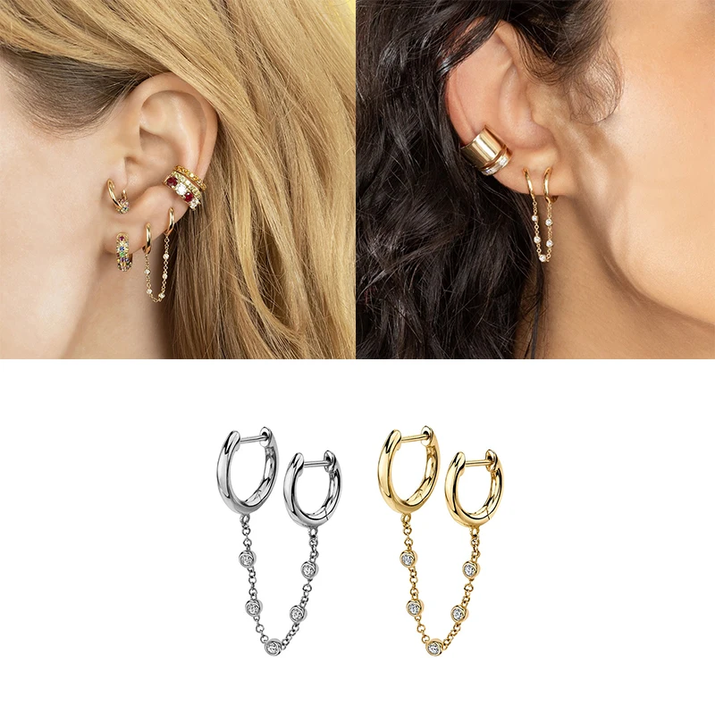 Real 100% 925 Sterling Silver Rainbow Moon Star Hoop Earrings for Women Crystal Zircon Chain Earring Gold Silver Ear Jewelry A30