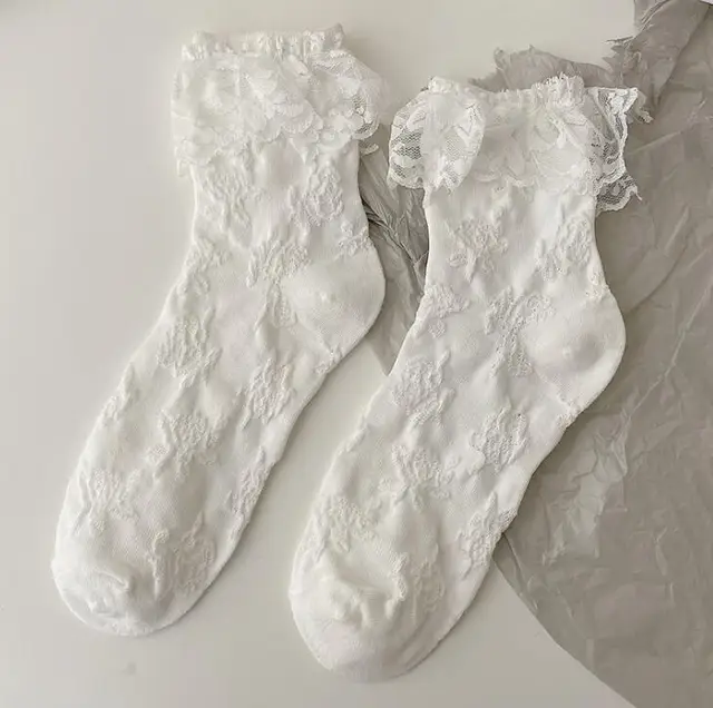 Lolita White Lace Socks Women Heart Bowknot Cotton Socks Femme Sweet JK Socks Ankle Dress Calcetine Medias flower lace