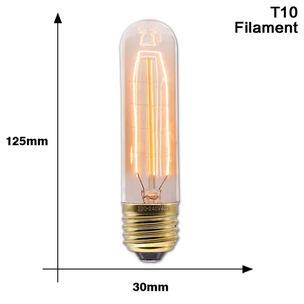 T10 Filament Электрическая лампочка эдисона светильник лампочка E27 220 В 40 Вт ST64 A19 T10 T45 T185 G80 G95 Ретро ампулы Винтаж накаливания лампа накаливания Эдисона лампа - Цвет: T10 Filament