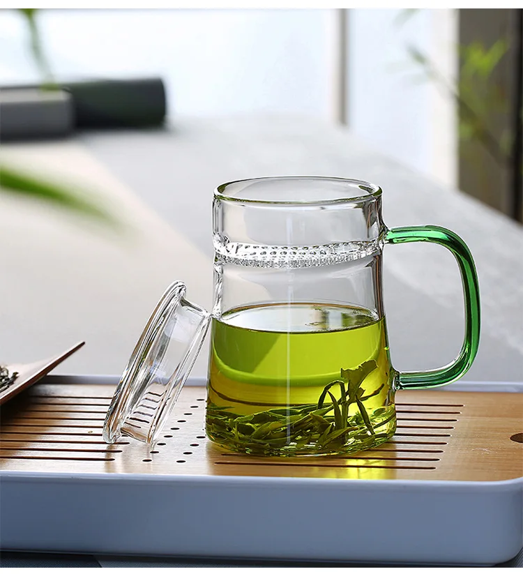 Green Handle Утолщенное жаростойкое стекло с заваркой Чайная Кружка фильтр цветочный чай зеленый чай прозрачное стекло офис с крышкой чашка для воды - Цвет: Green Handle