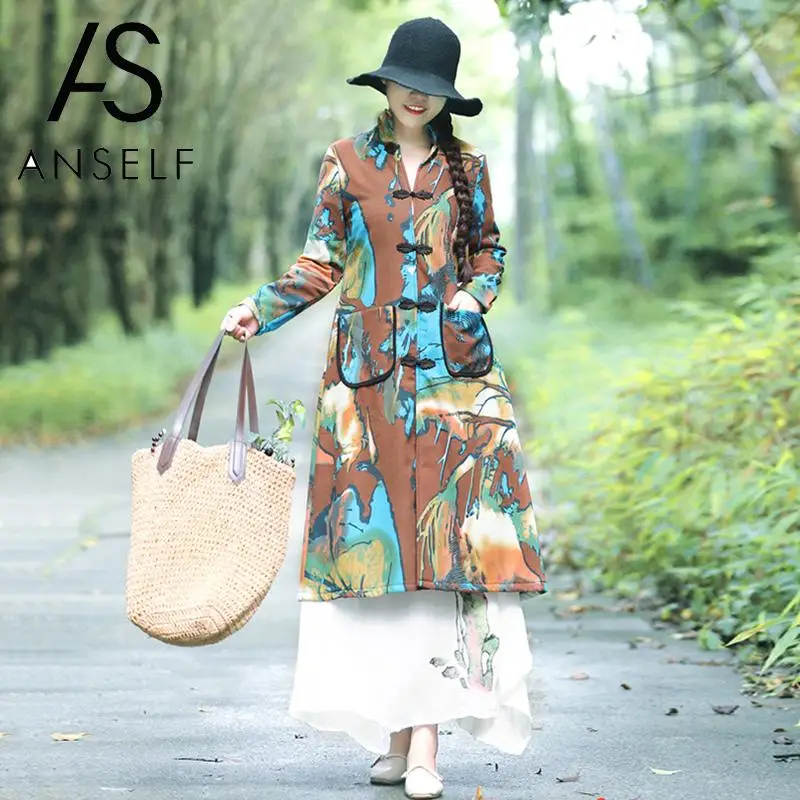 Vintage Winter Jacket Women Printed Cotton Linen Long Coat Women Stand Collar Long Sleeve Buttons Pocket Parka Ethnic Outerwear
