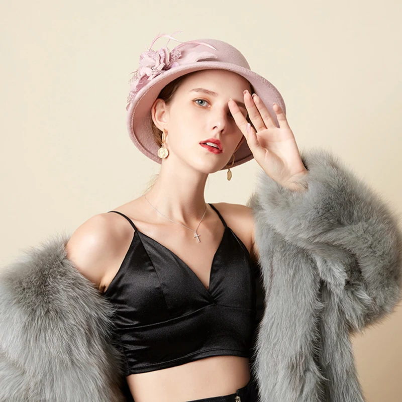 Женская шерстяная шляпа Fedoras с цветочным узором для девочек, шерстяная женская шапка для бассейна, милая Повседневная шерстяная шапка в рыбацком стиле, регулируемая шапка LM074