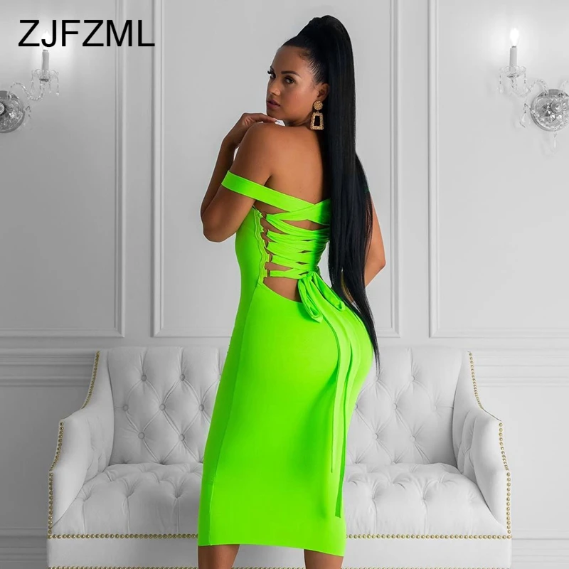 

Neon Backless Lace Up Sexy Club Dresses Women Slash Neck Bodycon Party Dress Elegant Ladies Autumn Skinny Maxi Pencil Dress