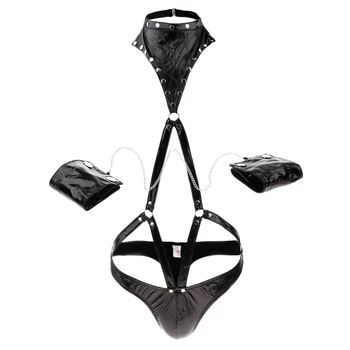 

Men Bodysuit Lingerie Leather One Piece Jumpsuit With Wrist Restraint