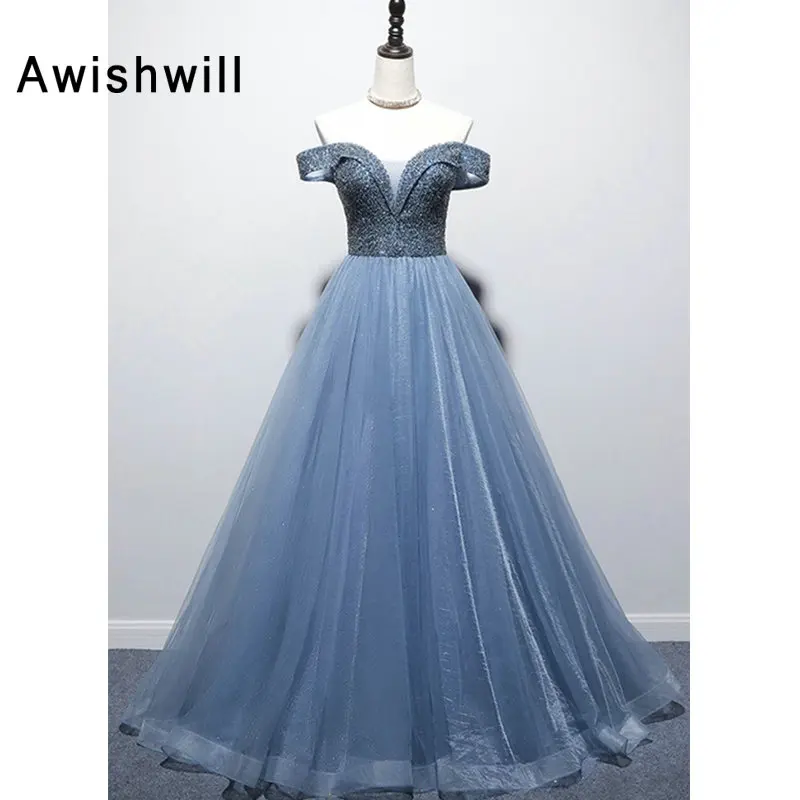 Vestidos Gala, сексуальное длинное платье для выпускного вечера,, с открытыми плечами, с бисером, тюль, на шнуровке, сзади, длина до пола, женское официальное вечернее платье