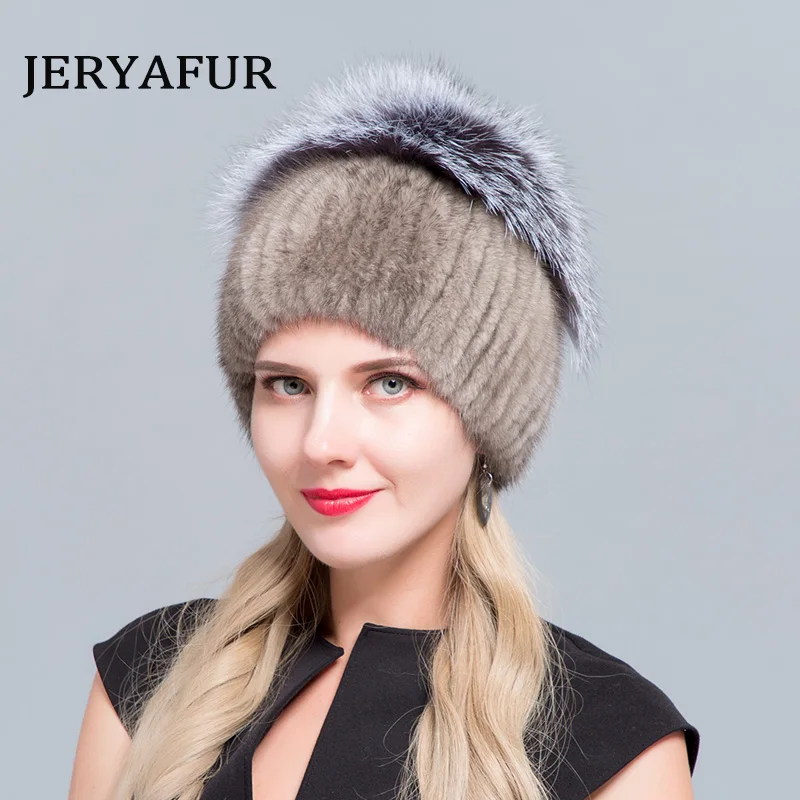COLOR4 JINBAOSEN neue heiser verkauf эластичные pelz kappe Frauen pelzmutze für зимние echtem nerz skullies mit silber fuchs pelz pom poms - Цвет: COLOR4