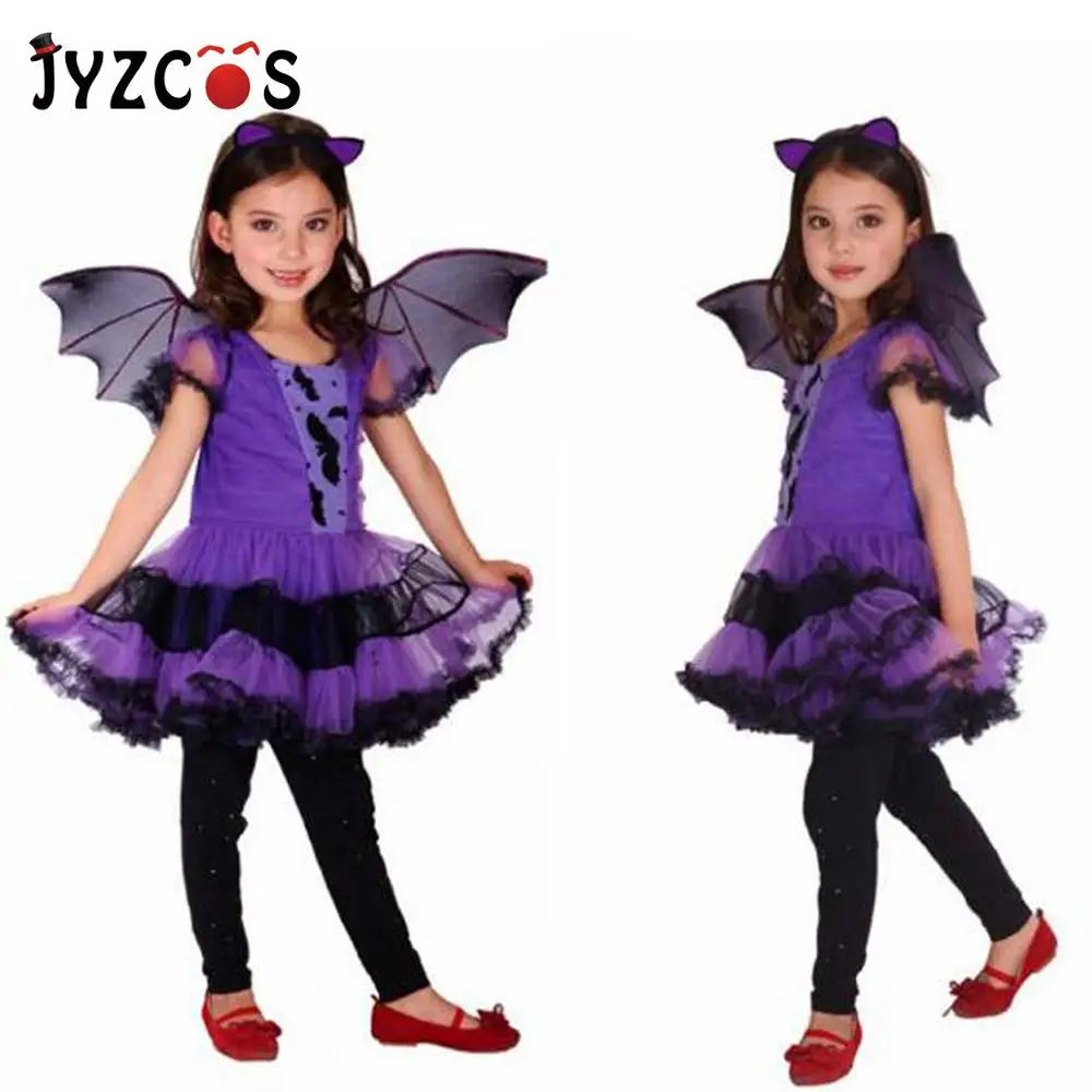 

JYZCOS Girls Halloween Purple Bat Vampire Princess Dress Wing Headband Purim Cosplay Costume Kids Sets Scary Clown Witch Clothes