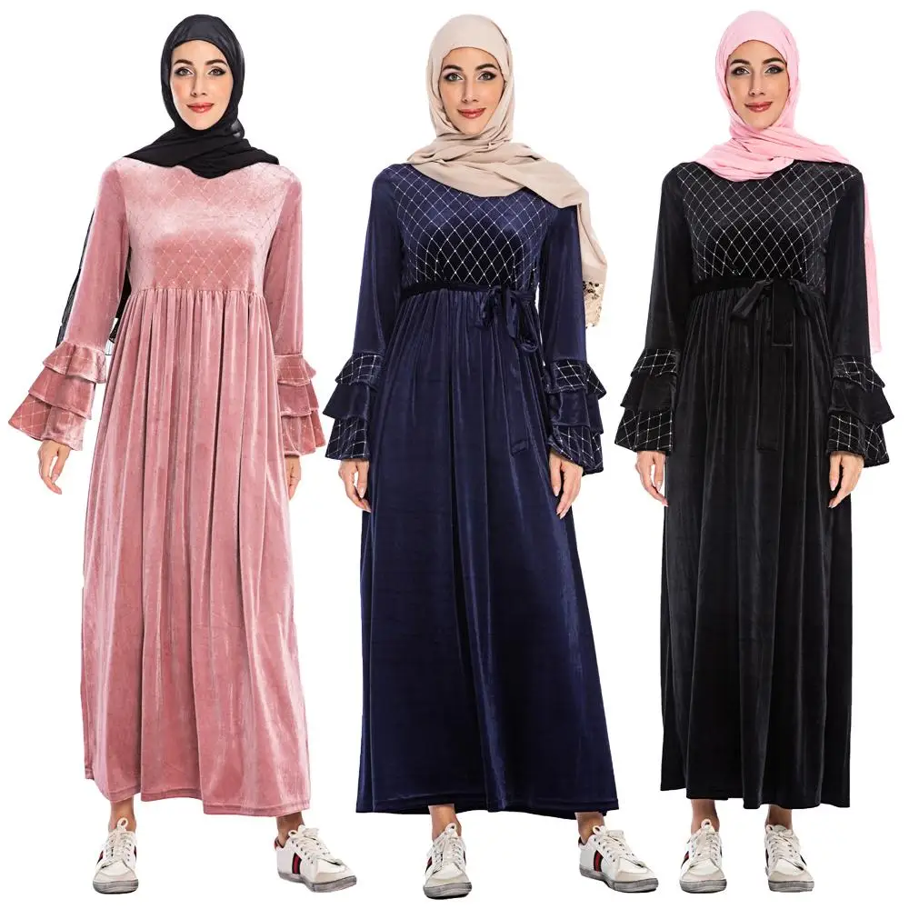 Дубай женское длинное платье макси с расклешенными рукавами abaya бархатное кафтан исламский джильбаб повседневное свободное турецкое винтажное платье Модная одежда