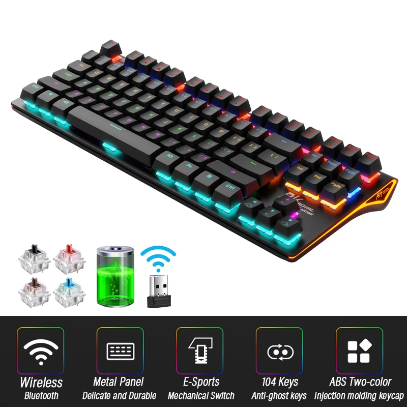 

Wireless Bluetooth Mechanical Keyboard English Layout 87-Keys Backlit Anti-Ghosting Gaming Keyboard Blue/Black/Tawny/Red Switch