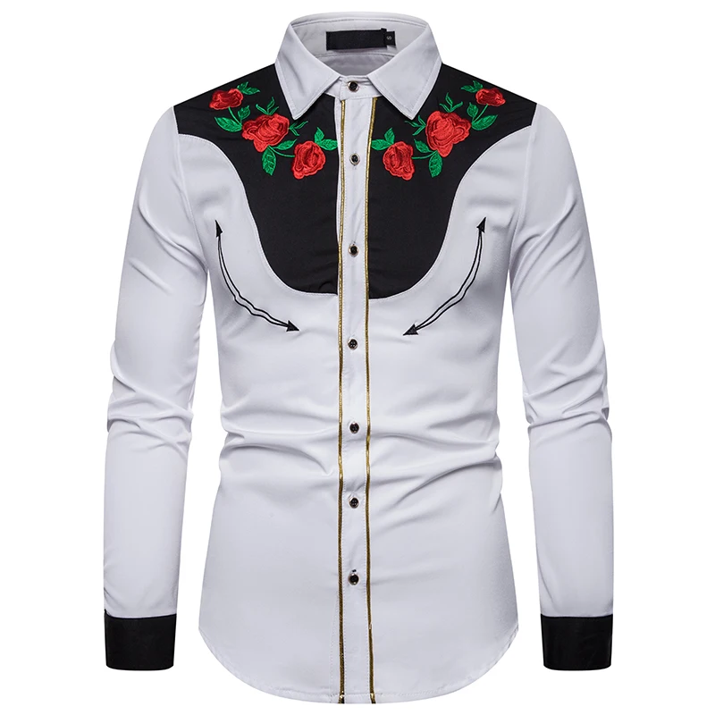 Style-1 white Мужские повседневные рубашки с длинными рукавами, рубашки с вышивкой розы, мужские брендовые осенние Гавайские рубашки, тонкая рубаха мужские рубашки - Цвет: Style-1 white