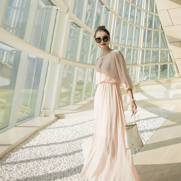 

-2020 Spring New Style High-End Fashion WOMEN'S Dress Crew Neck Solid Color Chiffon Joint Lace Big Hemline Dress