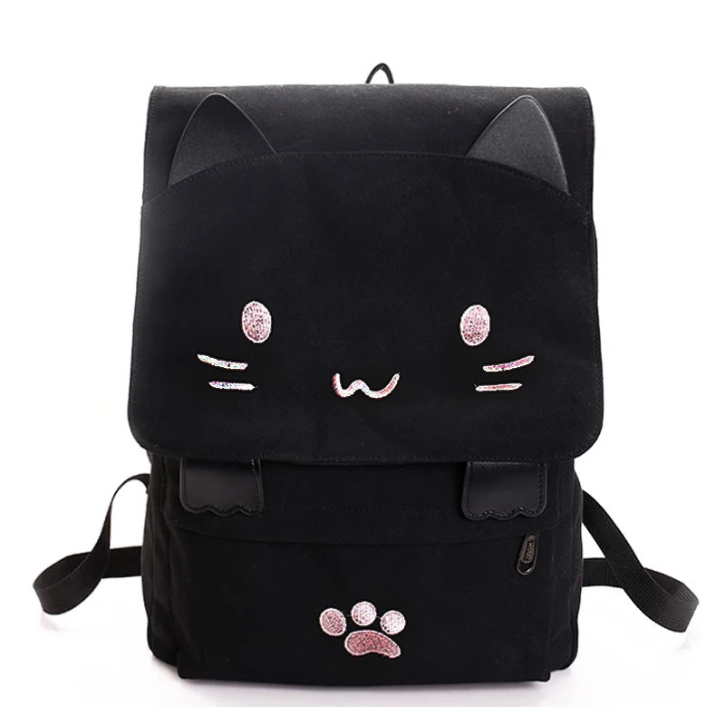 BEAU-fashion Cute Cat Embroidery Canvas Student bag Cartoons Women Backpack Leisure School bag