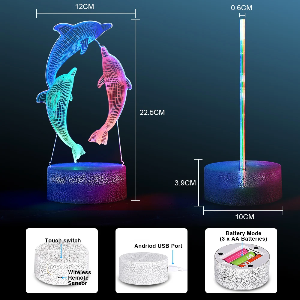 Children's Night Lights USB Rechargeable 3D Dolphin RGB Lamp Baby Room Decoration LED Indoor Novelty Lighting Personalized Gifts