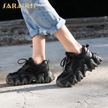 

SaraIris 2020 New Arrivals Genuine Leather Women Boots Platform Round Toe Med Heels Mixed Colors Cross-tied Winter Woman Shoes