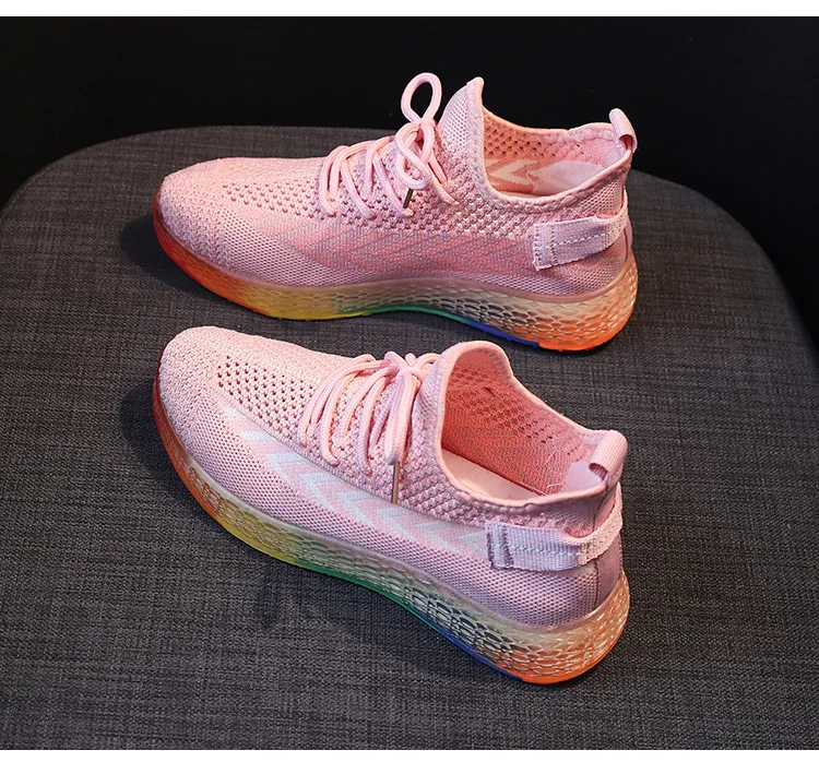 HKXN New Rainbow Jelly Soles Women Vulcanized Sneakers Sports Shoes Outdoor Woven Mesh Breathable Casual Lace Casual Shoes