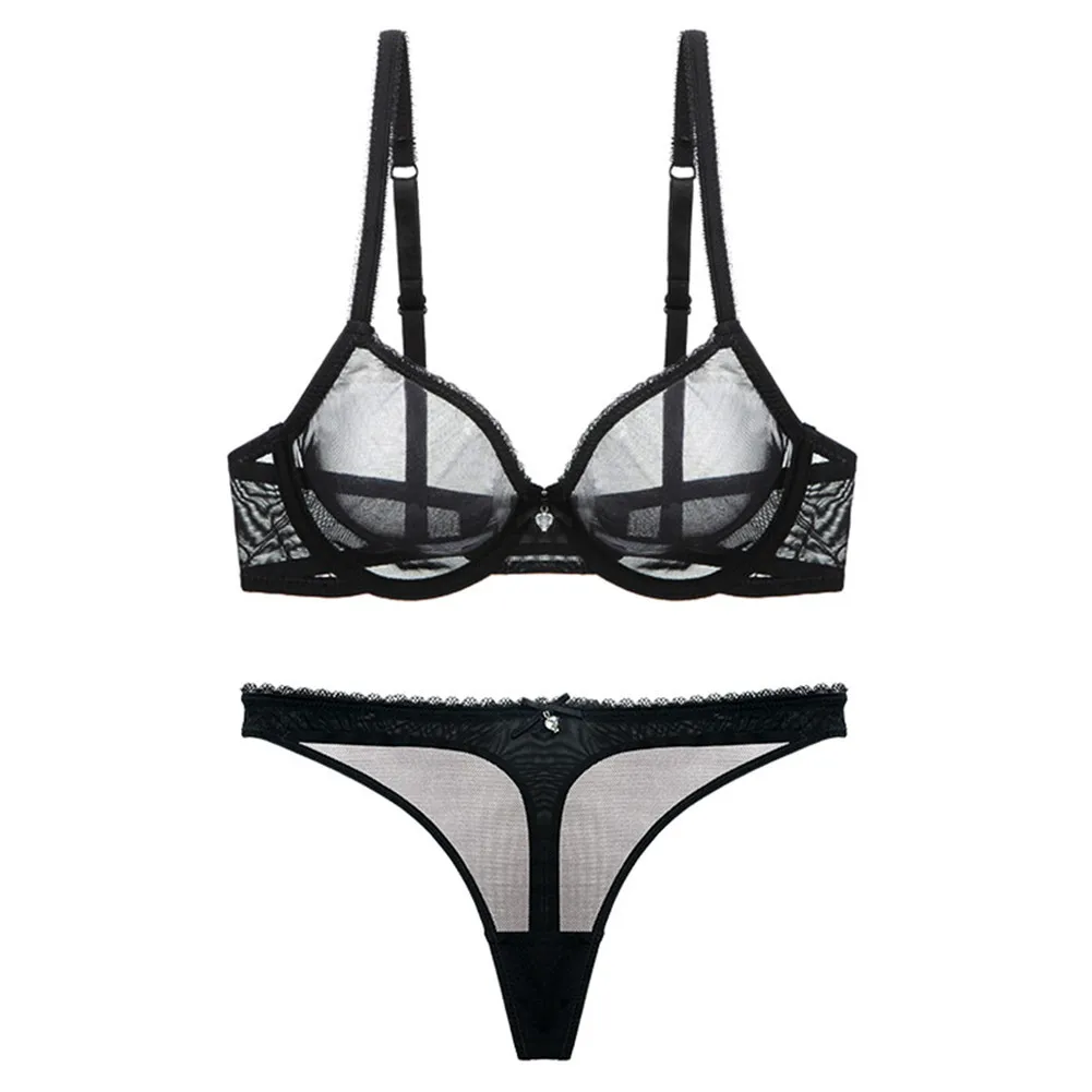 

See Through Sexy Two Piece Transparent Bra and Panty Set for Women Underwear Plus Size Mesh Push Up Bra Brief Set Underwire 2020