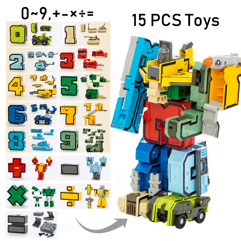 7-15PCS Assembling Building Blocks Educational Toys Action Figure Transformation Number Robot Deformation Robot Toy for Children