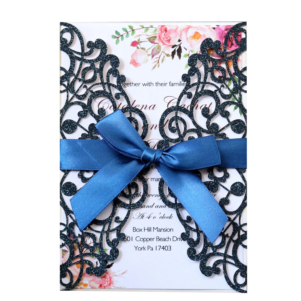 100pcs Glitter Laser Cut Wedding Invitation Cards with Ribbon and Envelopes for Engagement Bridal Shower Birthday Party