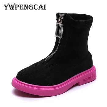 

YWPENGCAI Autumn Winter Flock Leather Girls Boots Fashion Front Zip Children Martin Boots Size 26-36 Non-slip Boots For Girl
