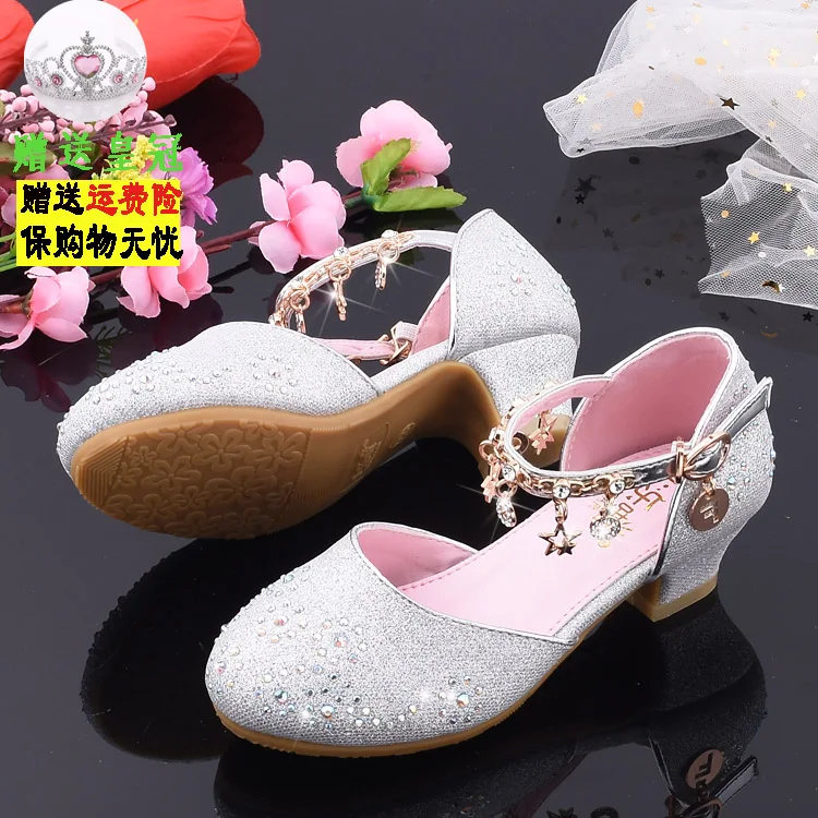 Kids Girls Leather Shoes Crystal High Heels Dance Shoes Children Princess Sandals Student Performance shoes SW007